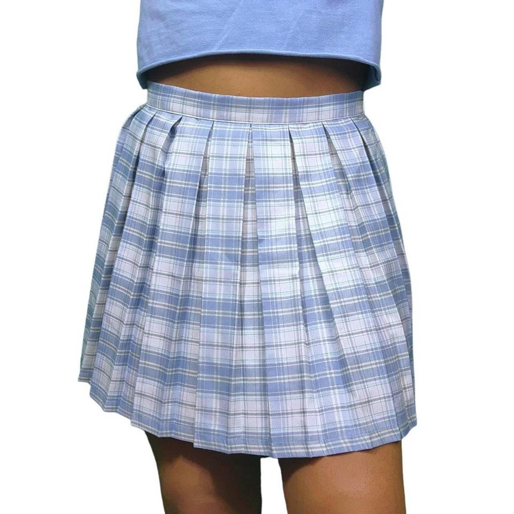 Baby Blue Plaid Pleated Skirt